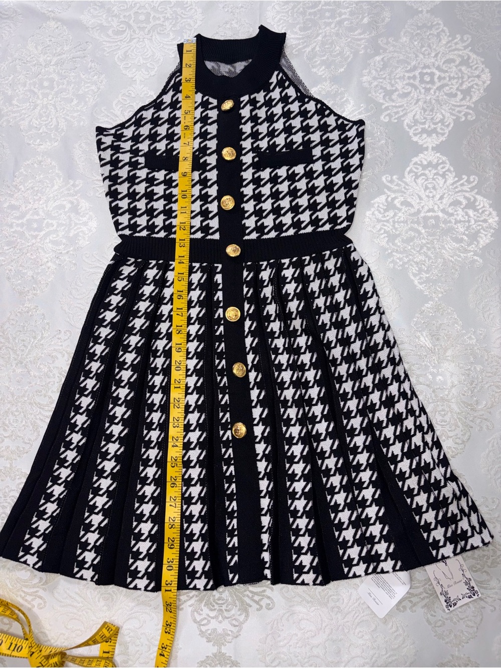 Miss Rosier Jacqueline Black Houndstooth Knit Mini Dress Pleated Size Medium NWT - Picture 9 of 10